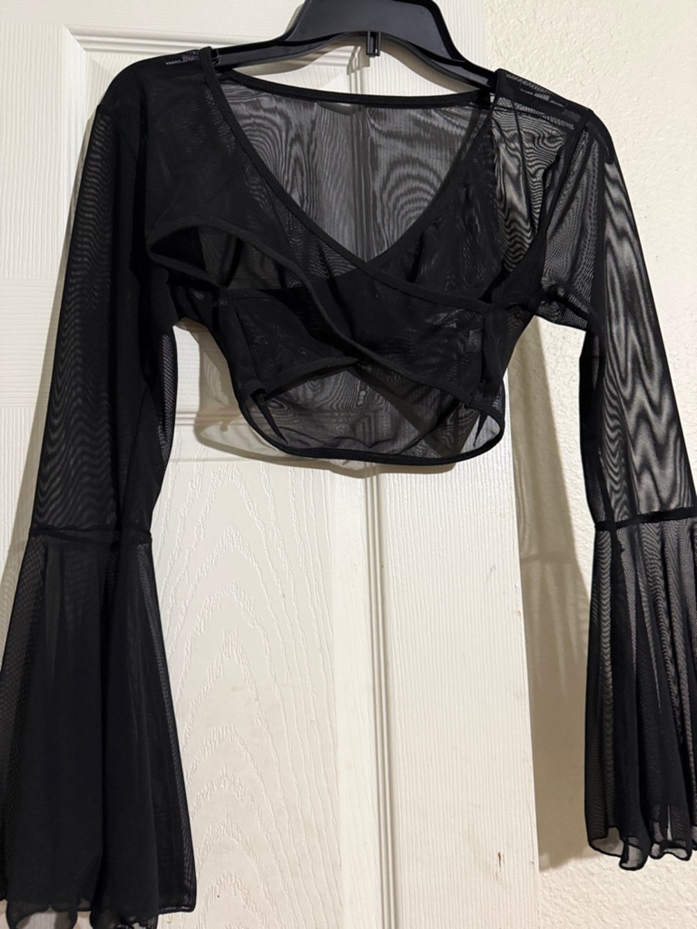 Black Sheer Mesh Cropped Wrap Blouse with Bell Sleeves